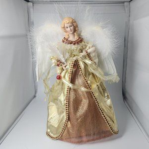 Angel Tree Topper Fiber Optic Porcelain Face Gold Gown White Felt Wings 12”